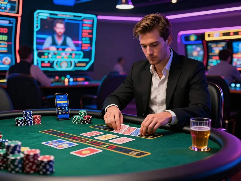 Player enjoying an exciting baccarat game at an online casino, showcasing vibrant chips and sleek design.