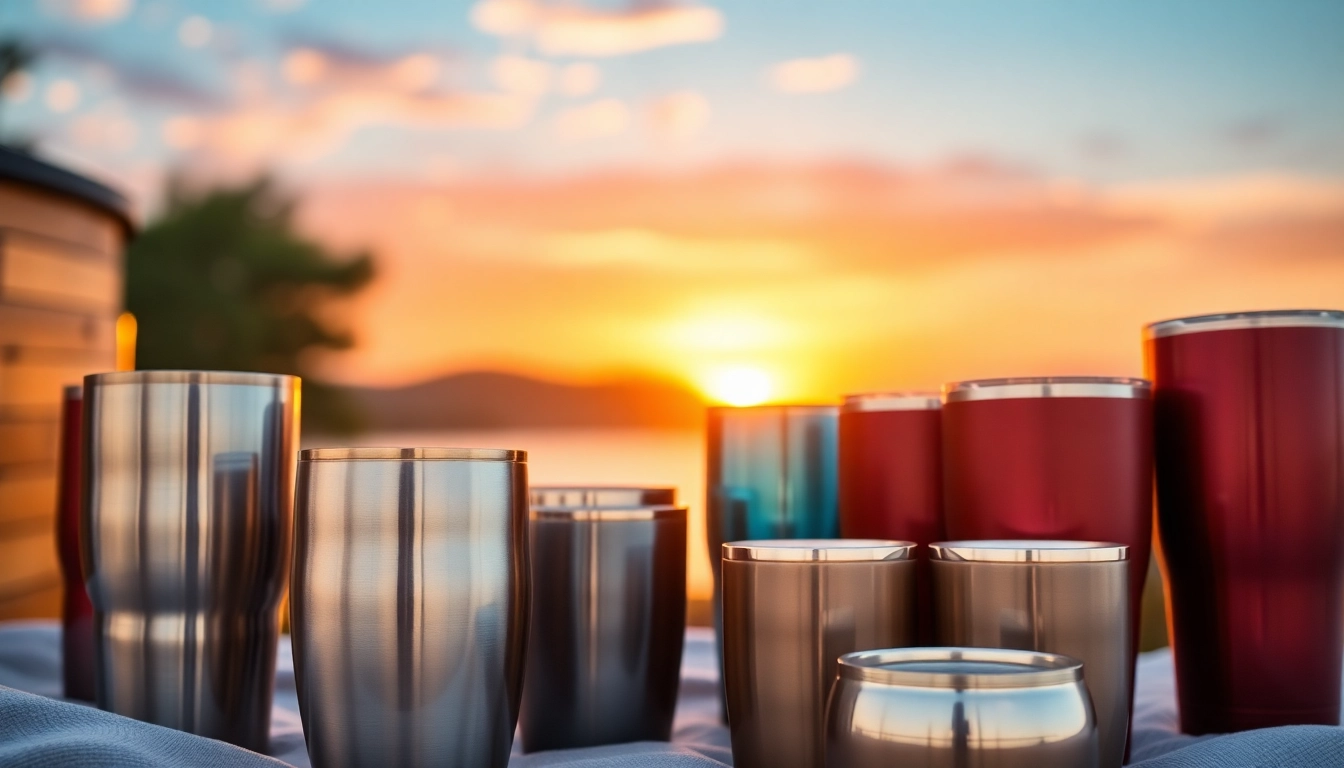 Stylish tumblers in various colors showcasing their features against a sunset backdrop.