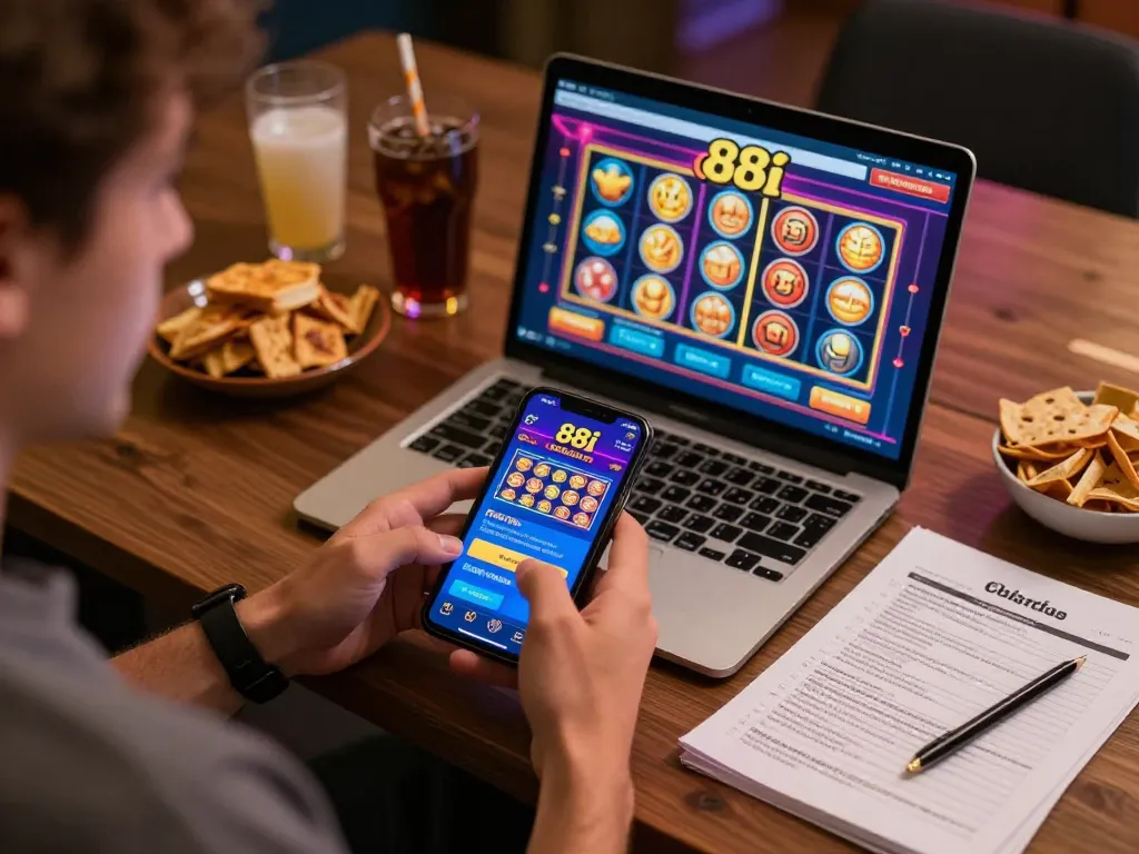 Engaging with the 88i casino app on a mobile device during a cozy gaming session.