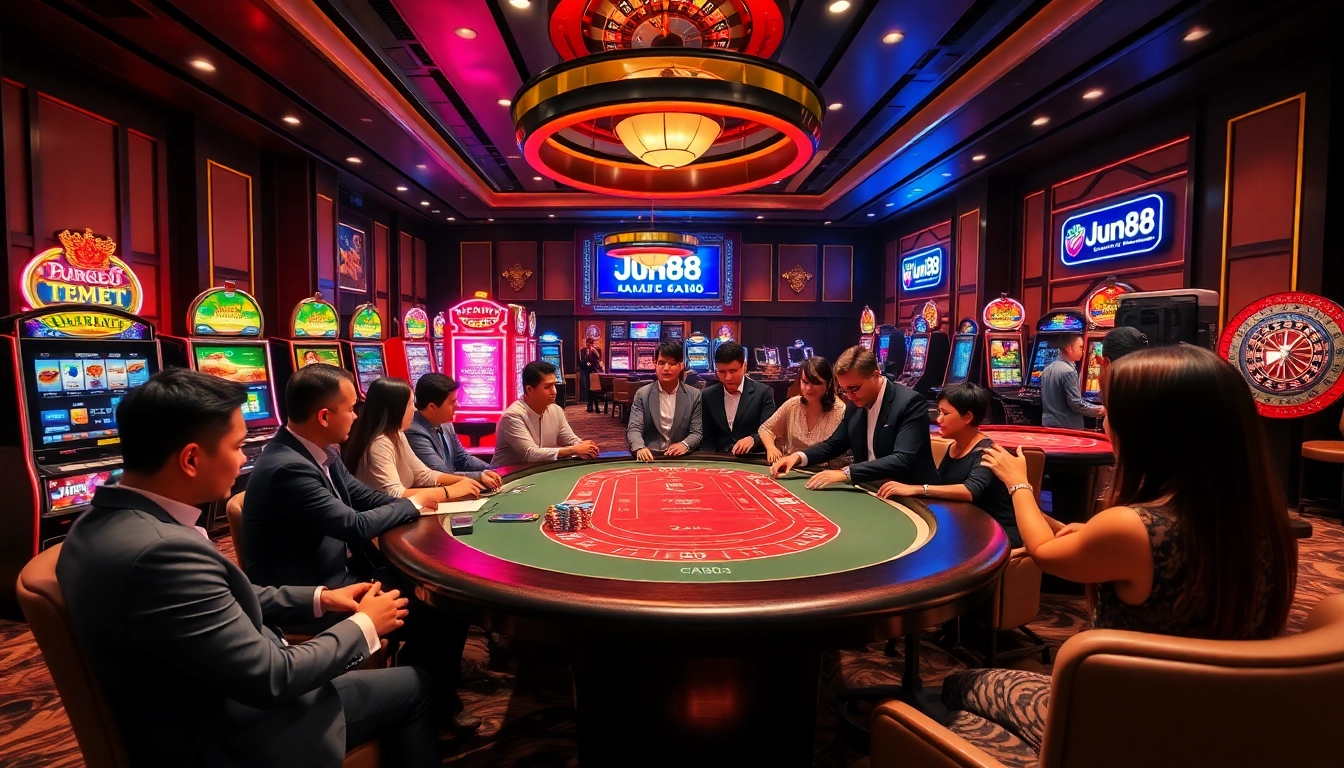 Jun88 players engaging at a baccarat table in a vibrant casino setting.