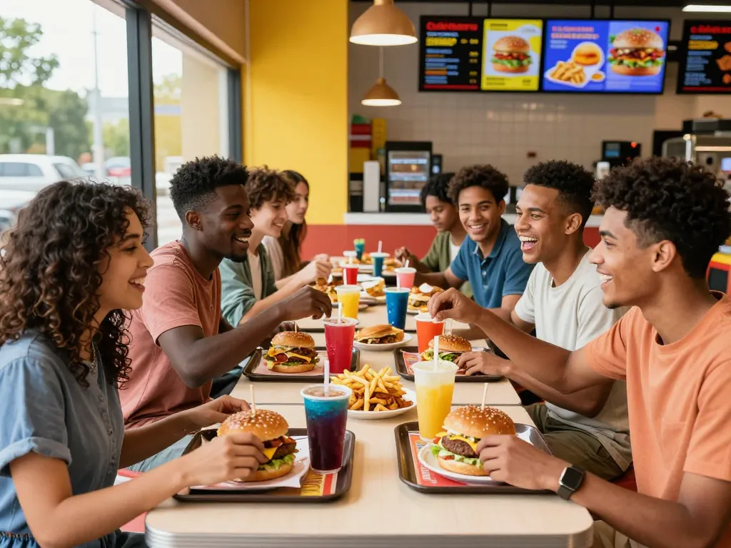 Fast food menu items shared among friends in a lively restaurant.