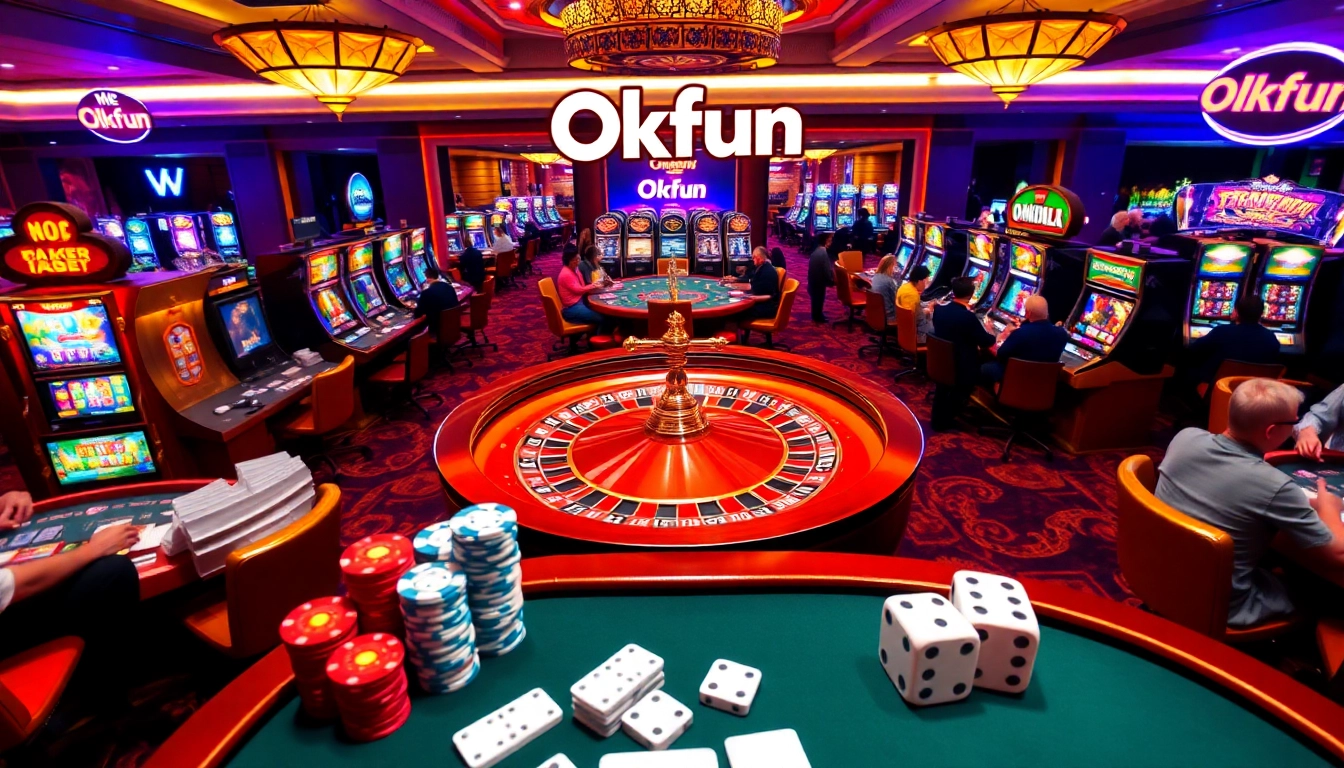 Experience the thrill at Okfun casino with players betting on roulette and slot machines fully engaging in games.