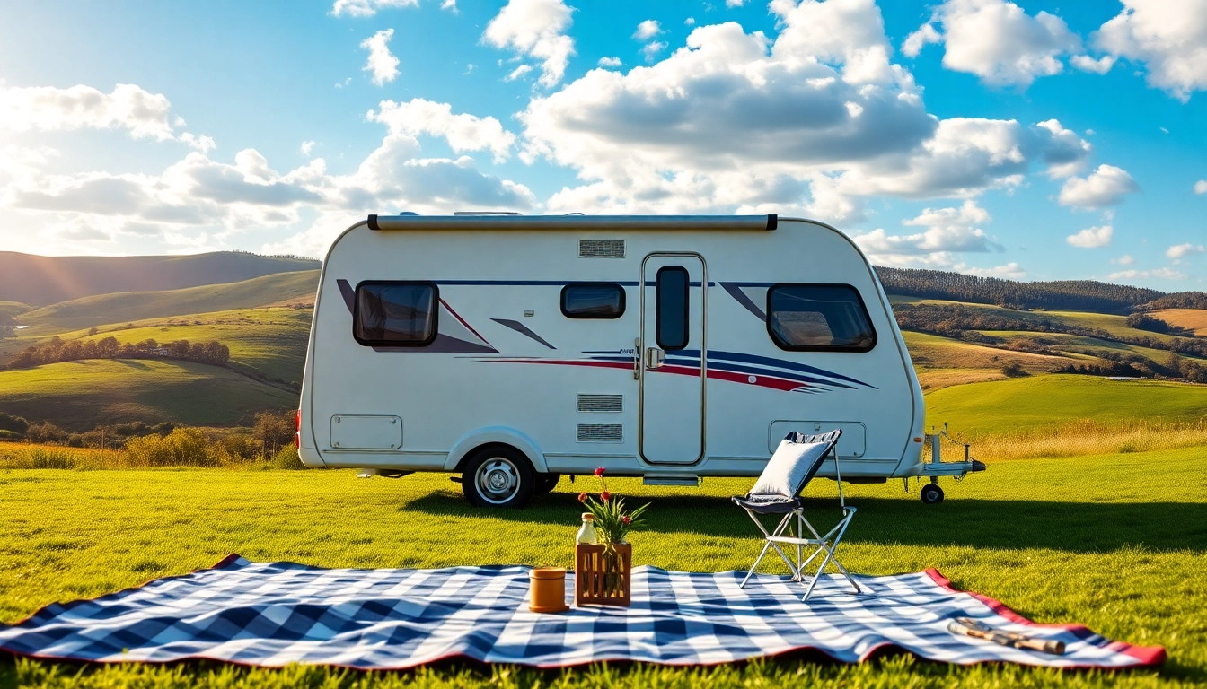Showcasing a Hugh Daly Caravans model in picturesque outdoor setting, enhancing vehicular appeal.