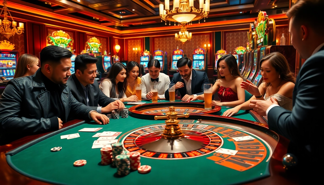 Engaged gamblers at a luxurious poker table in k88win's vibrant casino atmosphere.