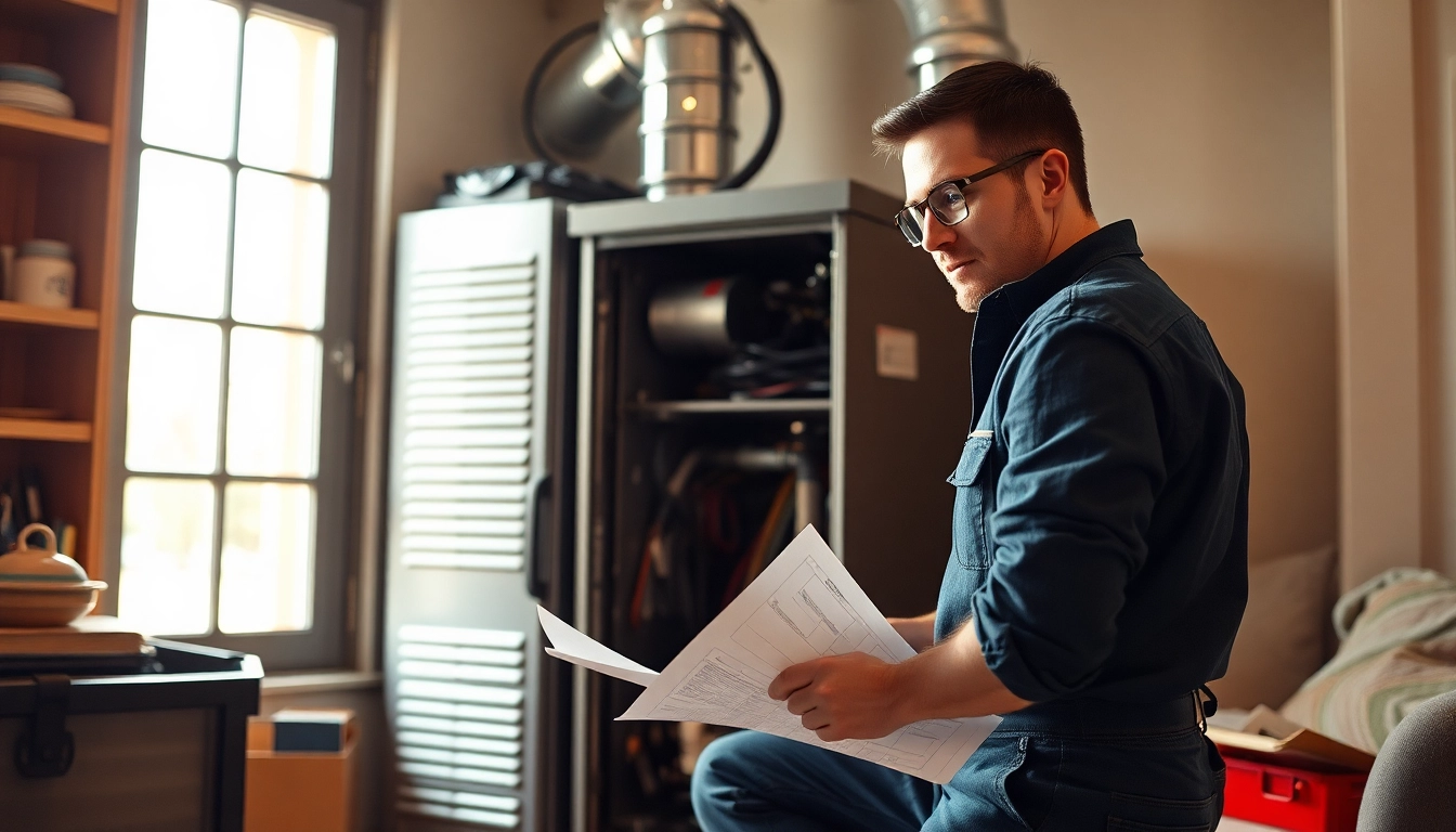 Technician performing furnace repair somers ny service in a bright living room setting.