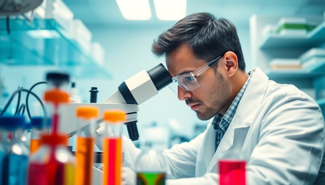 Research peptides in a bright lab environment, highlighting a scientist engaged in analysis.