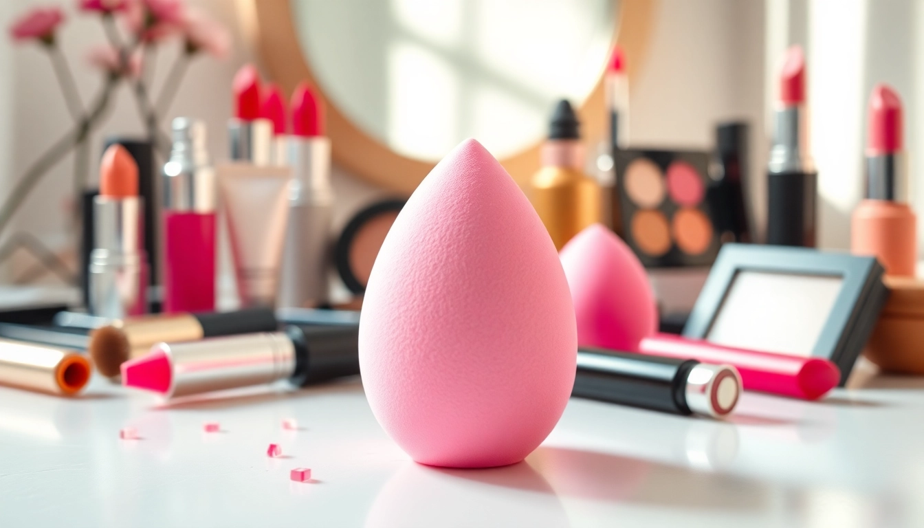 Applying makeup with a silicone beauty blender on a stylish vanity surrounded by colorful cosmetics.