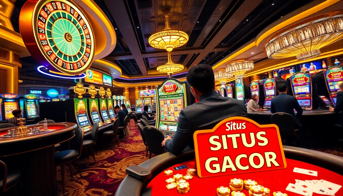 Player celebrating a win on Situs Slot Gacor with vibrant slot machines and poker chips.