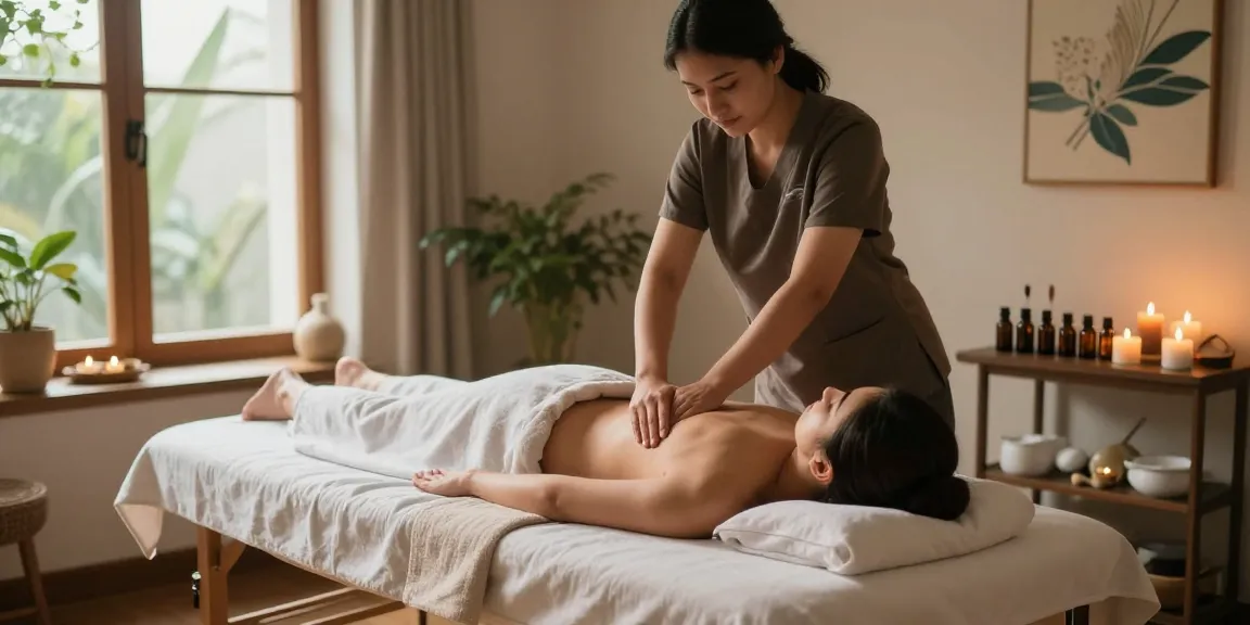 마사지 치료 중인 고객과 마사지사가 있는 평화로운 스파 장면