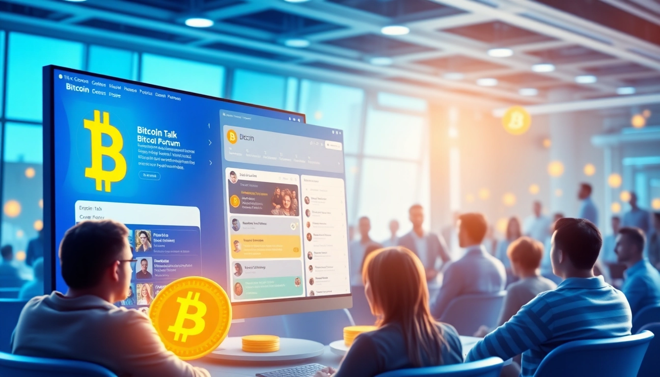 Engaged users discussing on bitcoin talk forum in a vibrant digital landscape.