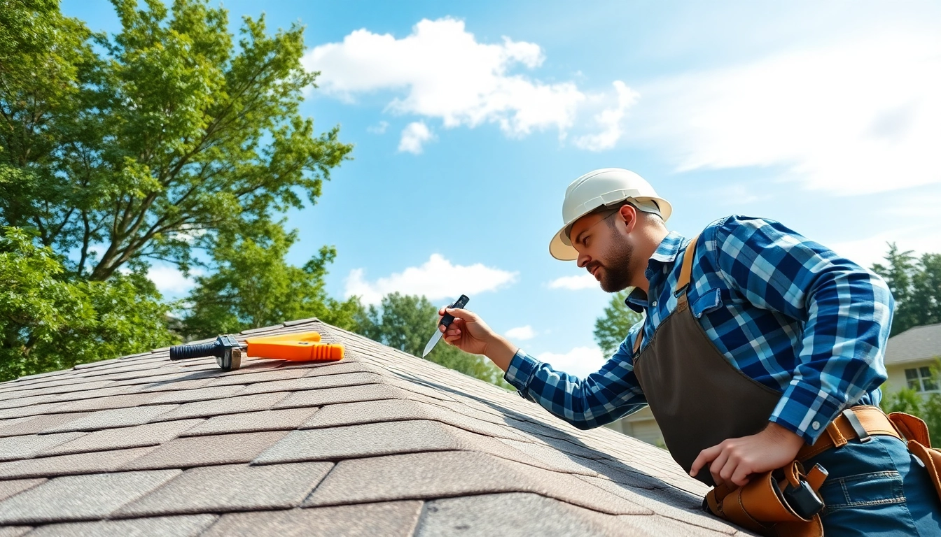 Roofing contractor inspecting a roof to ensure quality and safety in a suburban setting.