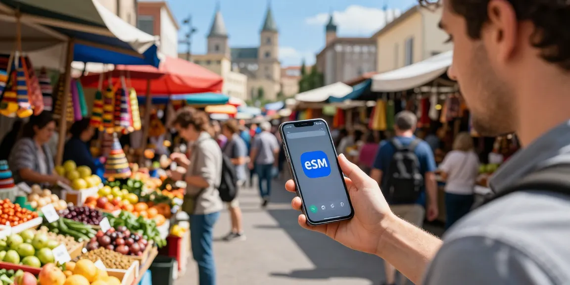 Discover eSIM কুপন (eSIM kupon) while travelers explore vibrant market.