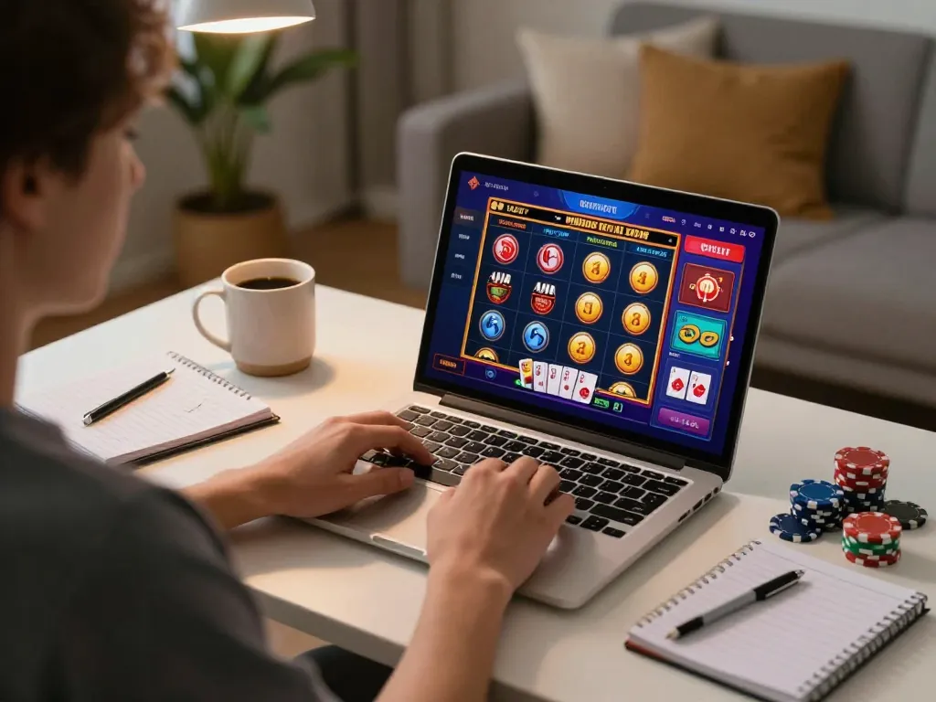 Engaging in online gaming with 789win link on screen, vibrant casino atmosphere, player focused on strategy