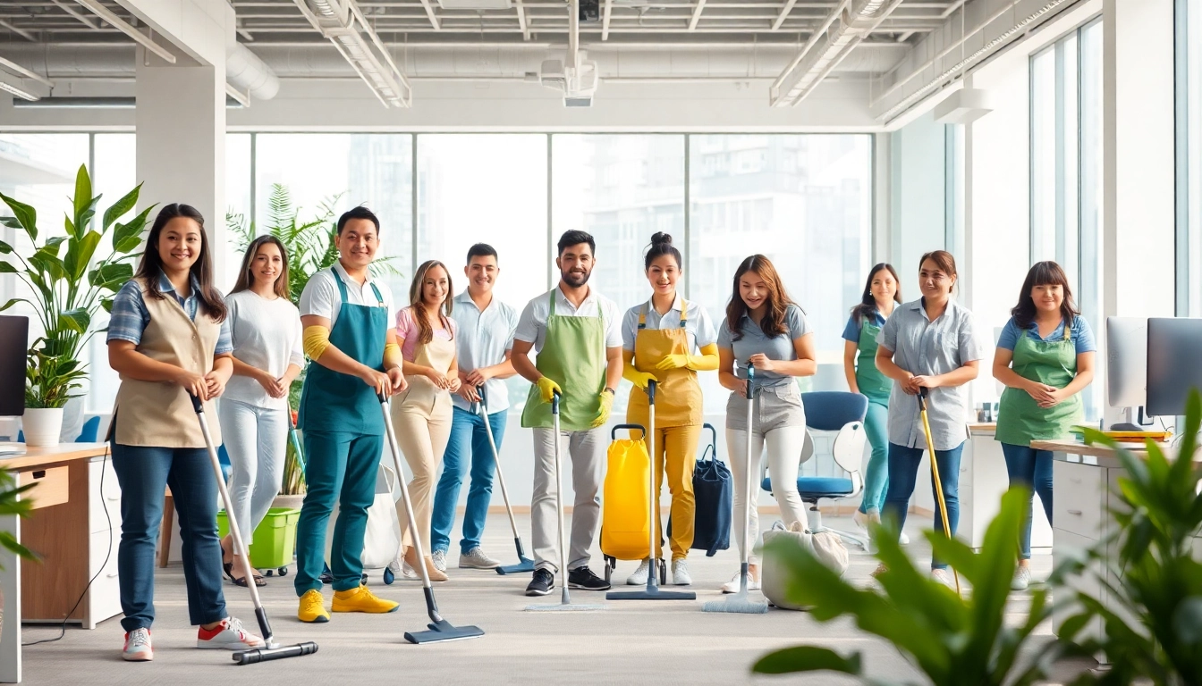 Professional cleaning service team showcasing reliable cleaning techniques in a modern office.