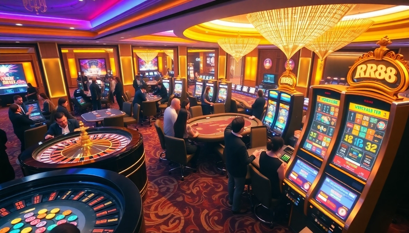 RR88 casino scene depicting players engaged in a thrilling game of poker and roulette.