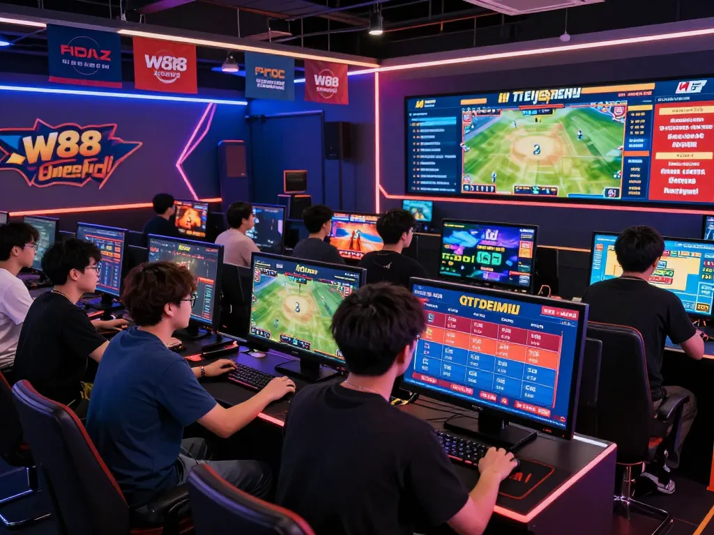 W88 online gaming scene with players engaged in dynamic betting activities and vibrant promotions.