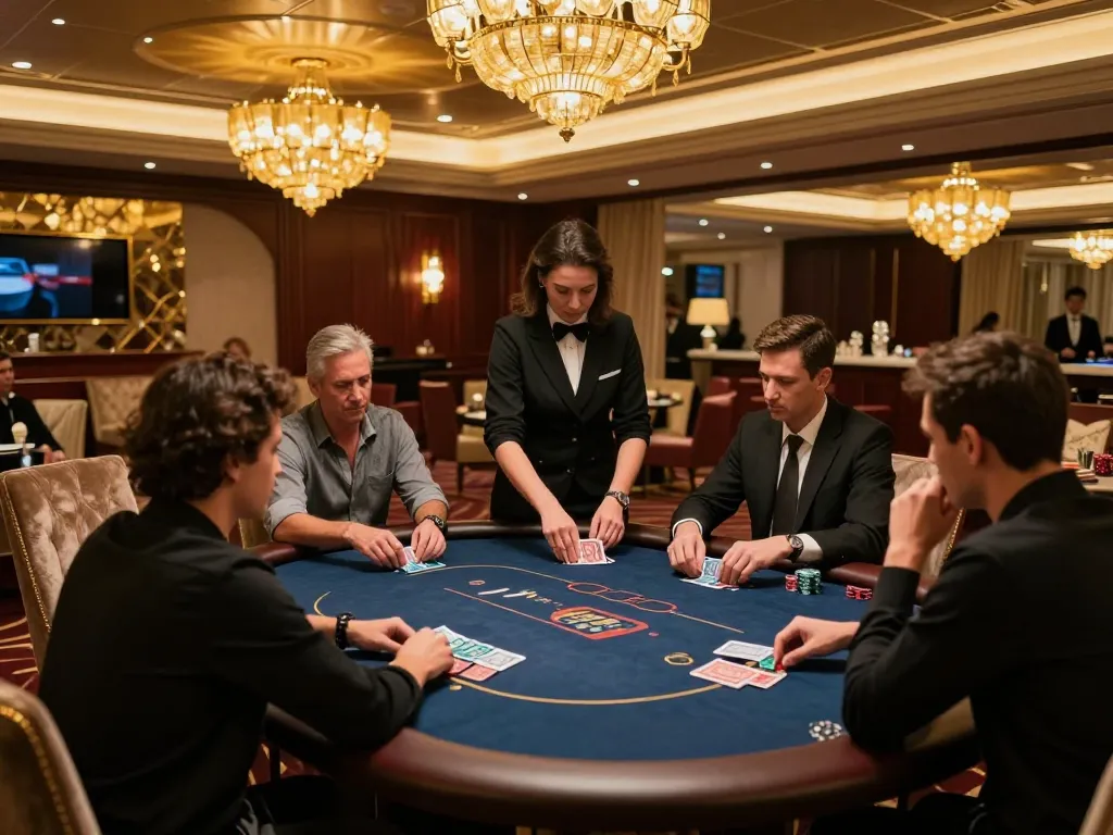 Players strategizing in a high-end THABET poker room, capturing the thrill of VIP gambling.