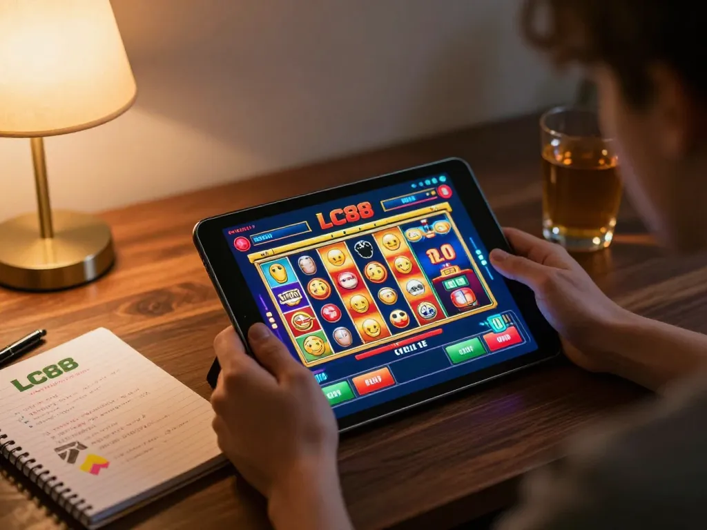 Engaging with the vibrant LC88 gaming app at home, showcasing colorful slots and gaming excitement
