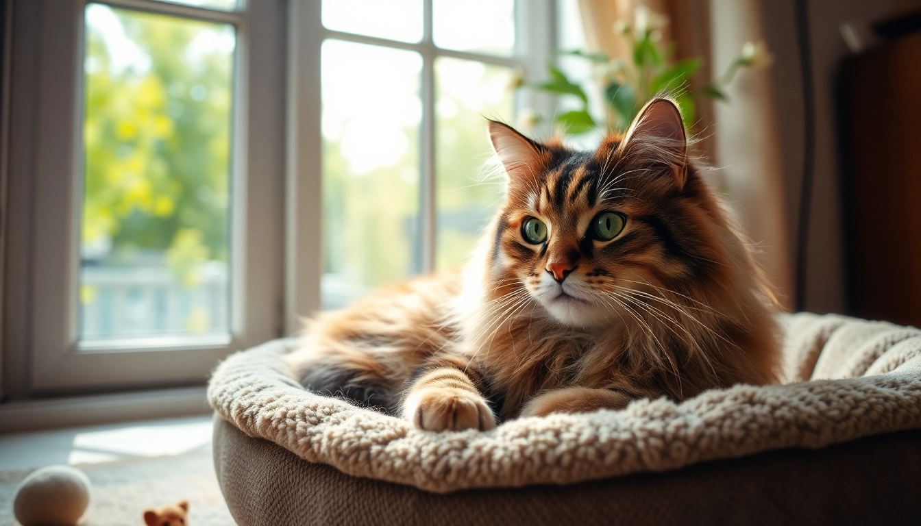 Loving Maine Coon cats for sale reclining in a sun-drenched room with plush decor.