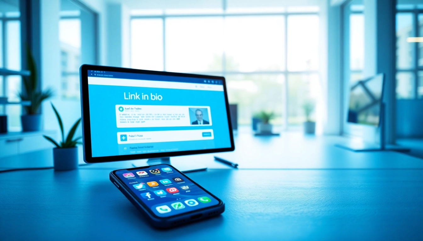 Explore a sophisticated Link in bio tool interface on a smartphone amidst a modern workspace.