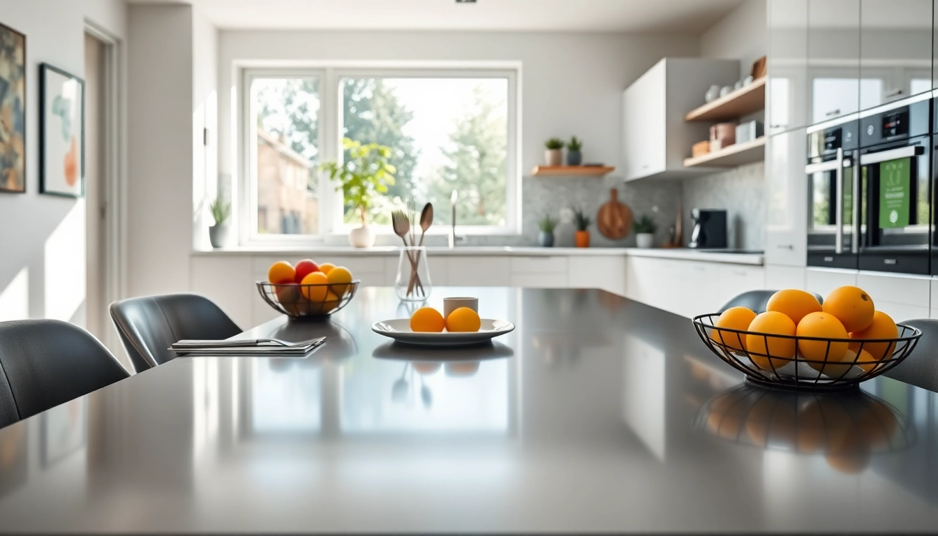 Create an inviting dining setup featuring a steel table for kitchen adorned with fresh fruits and stylish kitchen utensils.