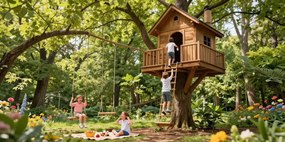 Family enjoying treehouses adventure in a vibrant forest.