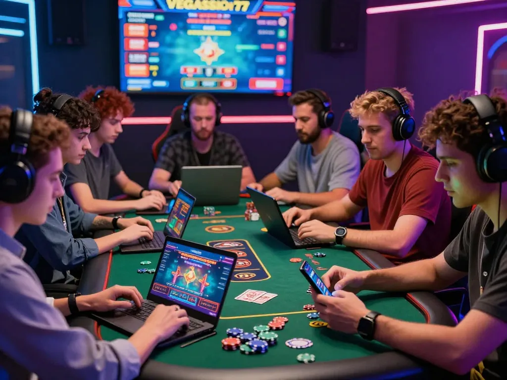 Exciting group gaming atmosphere at vegasslot77 with players enjoying online casino games.