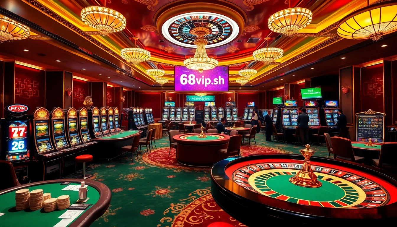 Experience the thrill of gambling at https://68vip.sh/ with a luxurious casino scene featuring vibrant slot machines and poker tables.