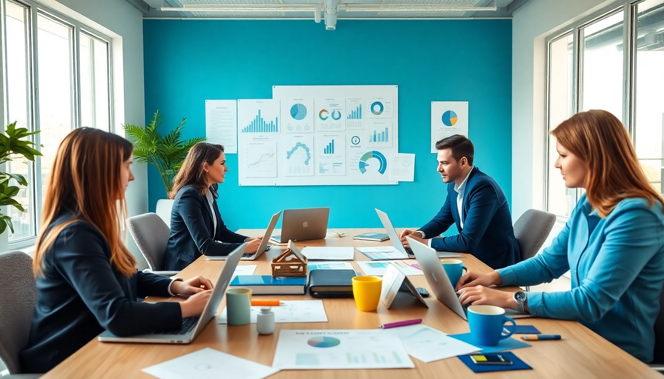Engaged team at a press release agency collaborating on marketing strategies in a bright workspace.