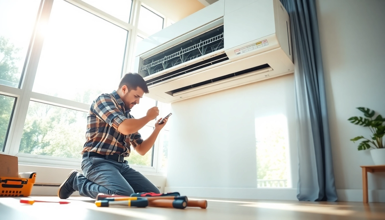Technician providing exceptional heating and cooling services while inspecting an air conditioning unit.