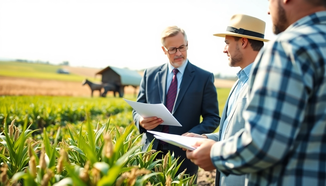 Consulting an agricultural law professional amidst vibrant farm scenery to emphasize legal agricultural expertise.