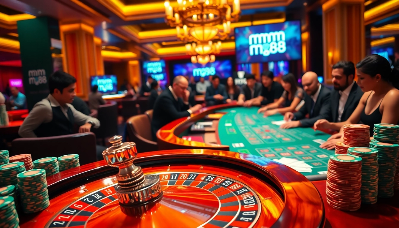 Engaged players enjoying casino games at mm 88, showcasing luxury and excitement in a vibrant setting.