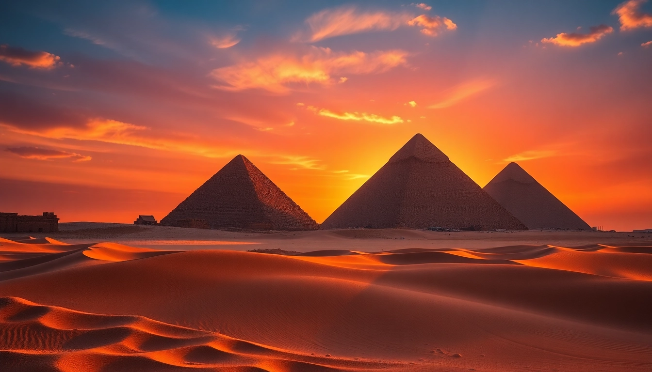 View of the Great Pyramids of Giza, highlighting the grandeur of the piraminds against a sunset backdrop.