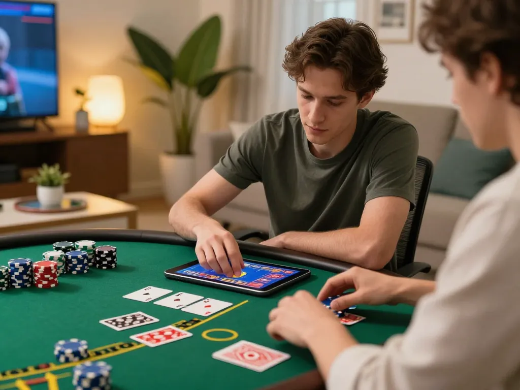 Engaged player using 678vip app for live dealer blackjack gaming at home, surrounded by cozy decor