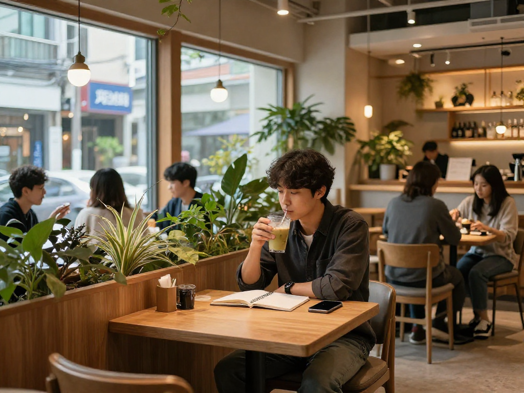 강남쩜오에서 편안한 분위기로 음료를 즐기는 모습
