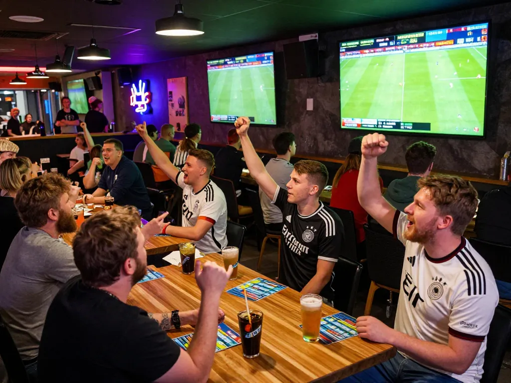 Exciting sports bar scene highlighting enthusiasts engaging in soi kèo bóng đá đức during Bundesliga matches.