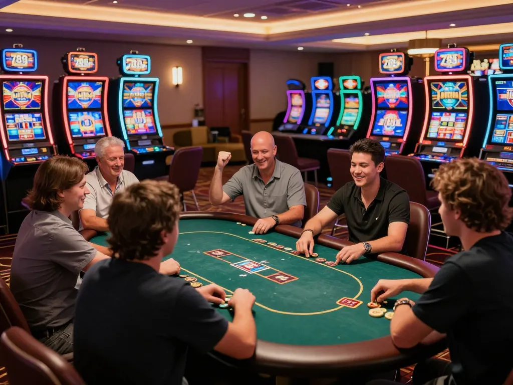 Players enjoying a lively poker game at the 789 win casino, celebrating wins.