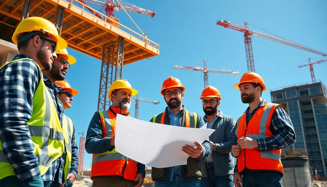 Construction association Colorado workers collaborating at a bustling site, symbolizing teamwork and expertise.
