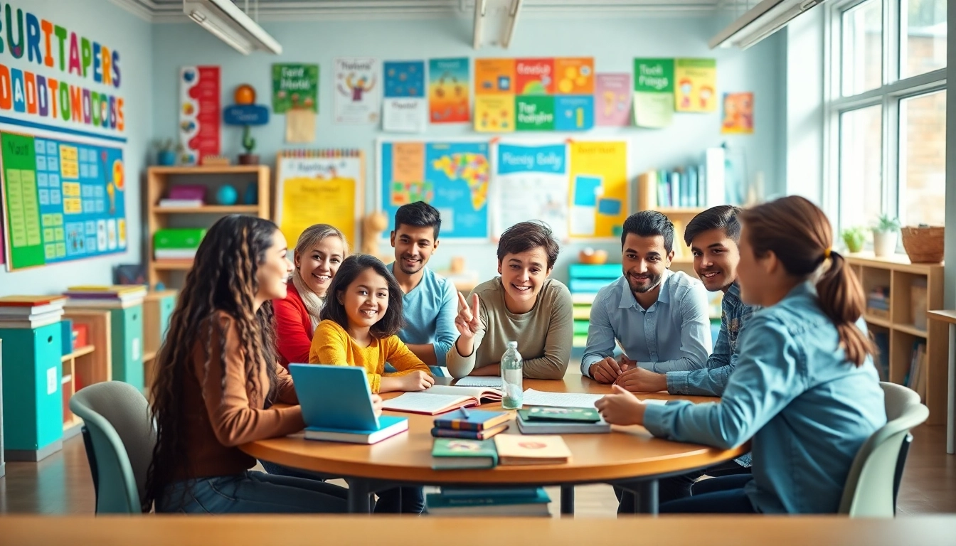 Education-focused students collaborating in a vibrant, interactive classroom environment.