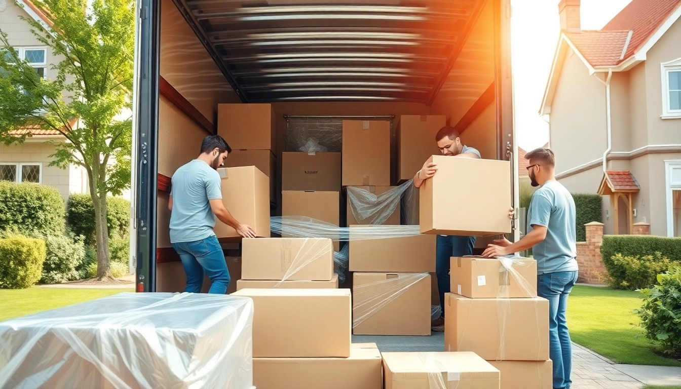 Movers from house removal companies efficiently packing a truck with furniture on a sunny day.