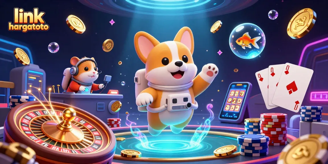 Engage with thrilling games at link hargatoto with a vibrant casino scene featuring floating characters and rich visuals.