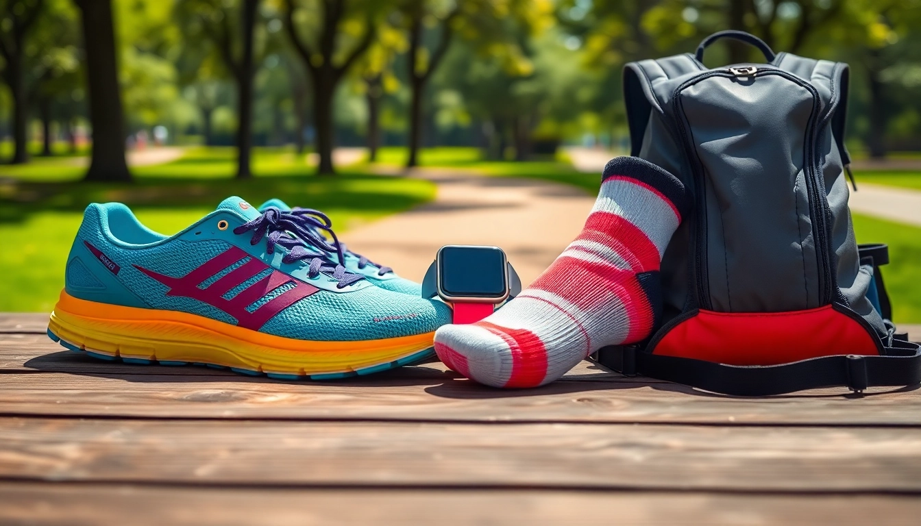 Showcasing running essentials such as shoes and hydration gear on a wooden surface.