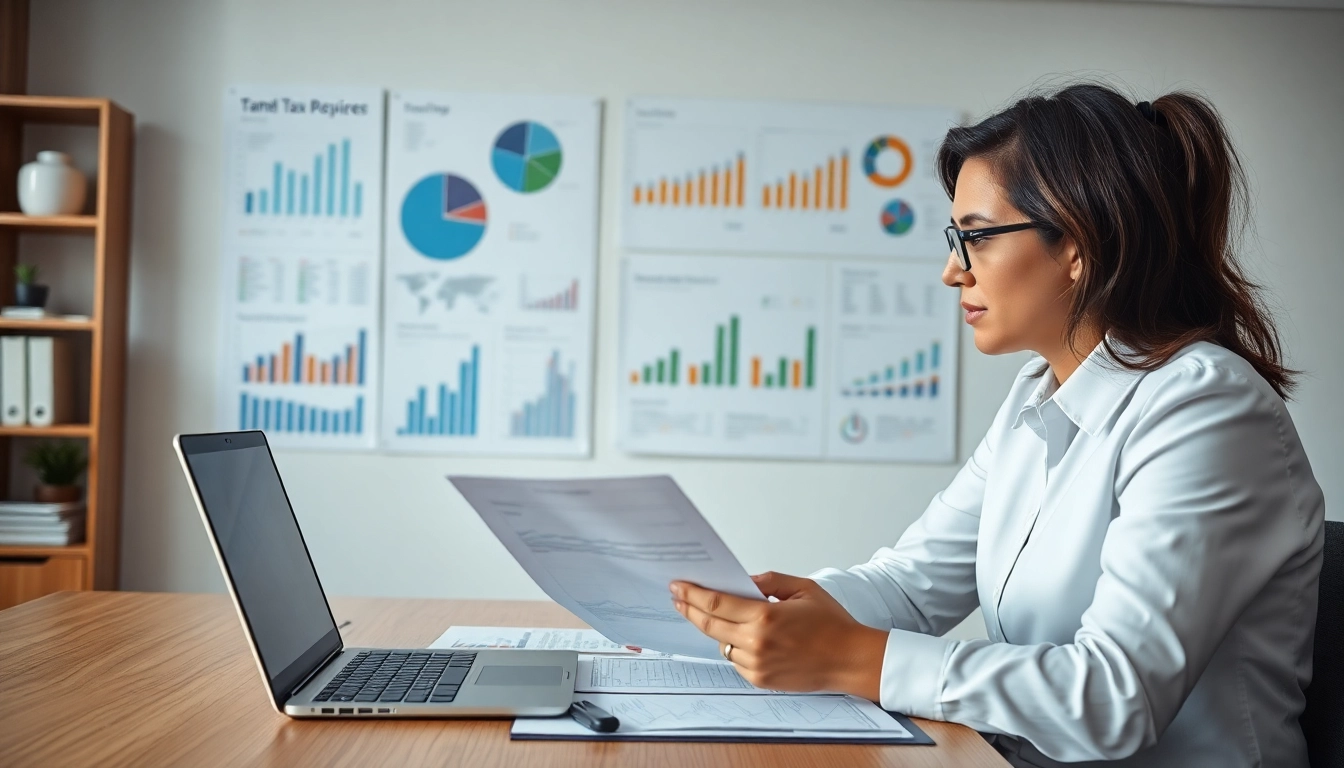 Tax advisor analyzing taxes documents in a bright office environment.