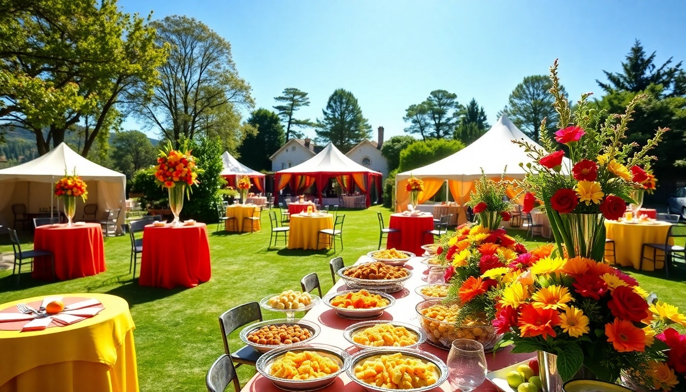 Engaging scene of Party Rentals Near Me, featuring colorful tents, buffet setup, and vibrant floral decorations.