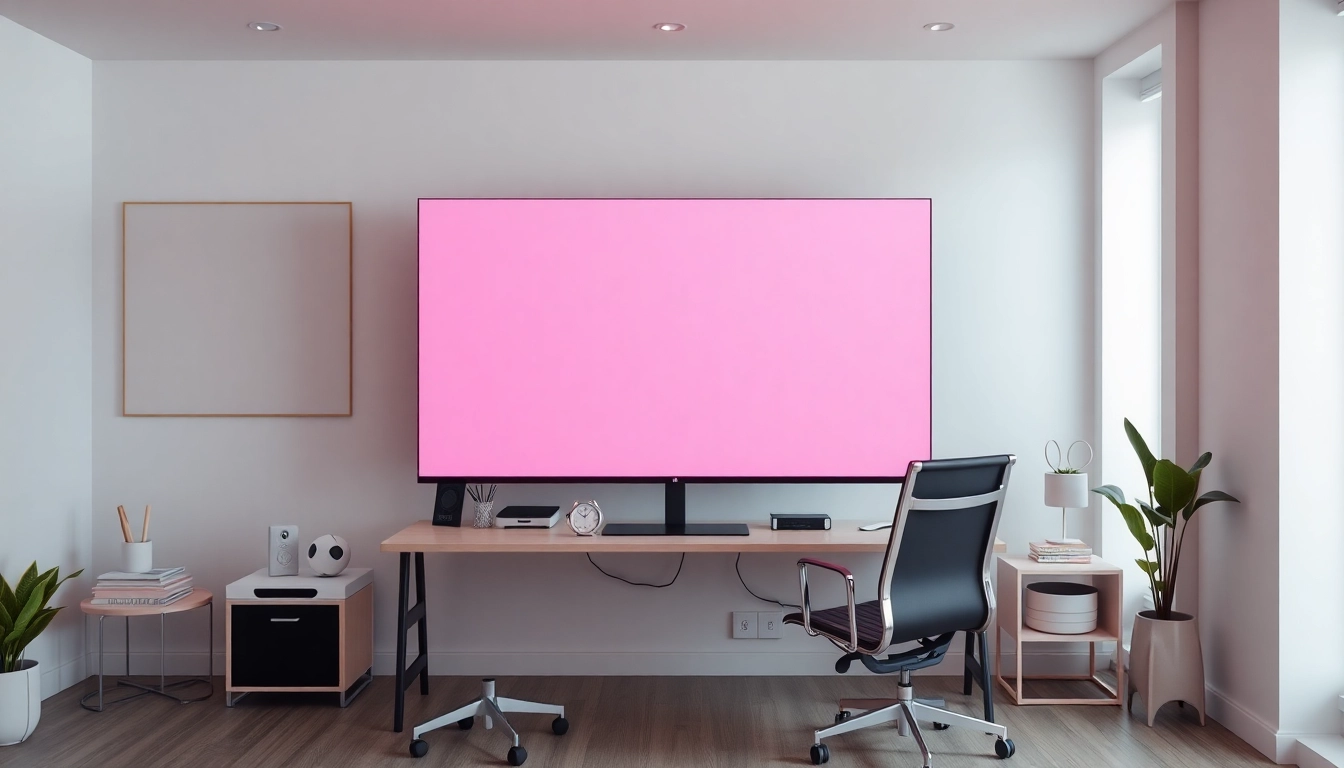 Professional workspace featuring a calming pink screen for creative projects.