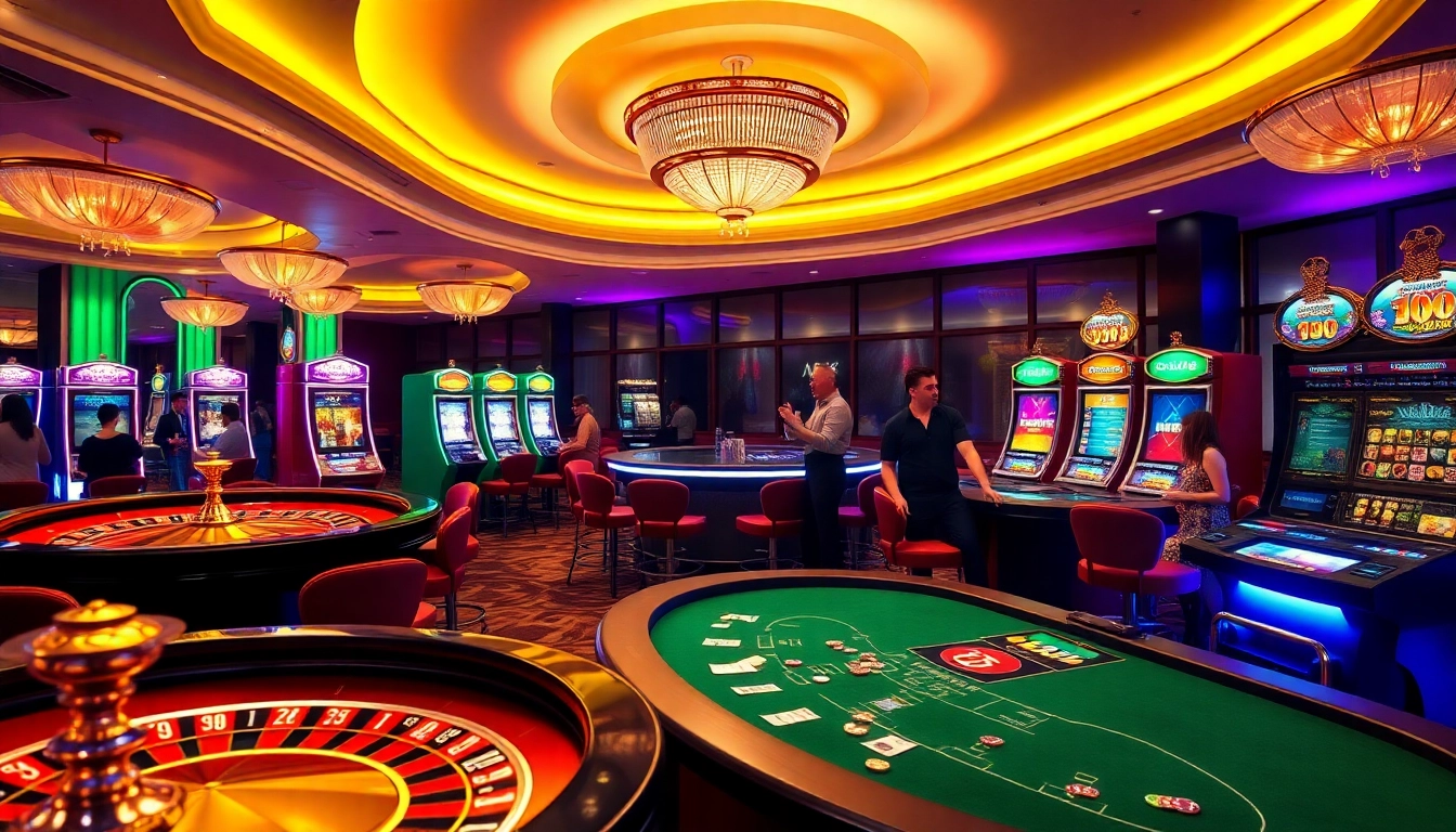 Players enjoying a thrilling game at go99 casino tables with vibrant slot machines in view.