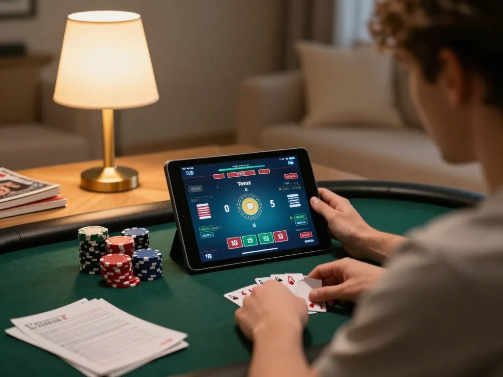Engaged player strategizing during online poker on LC88 tablet with chips and notes