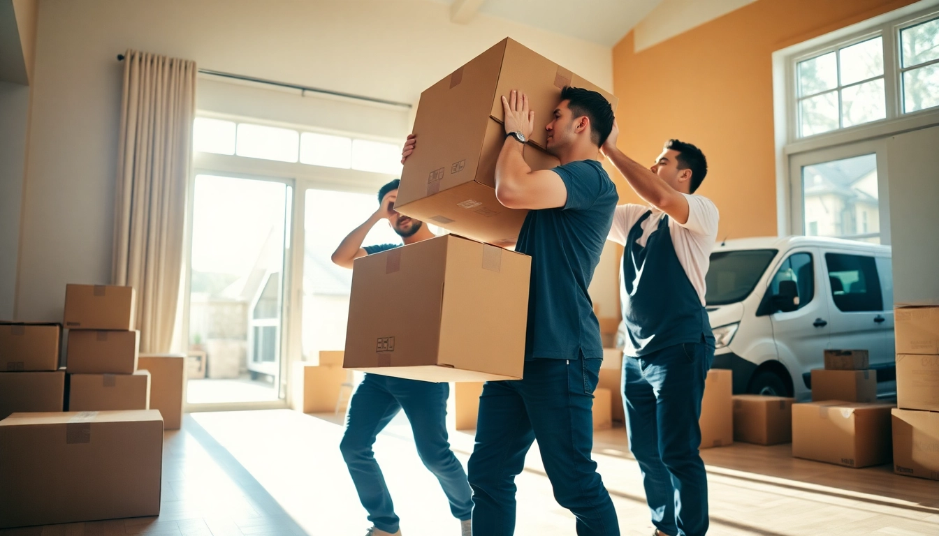Moving Services Near Me illustrated by professionals efficiently lifting boxes in a bright room.