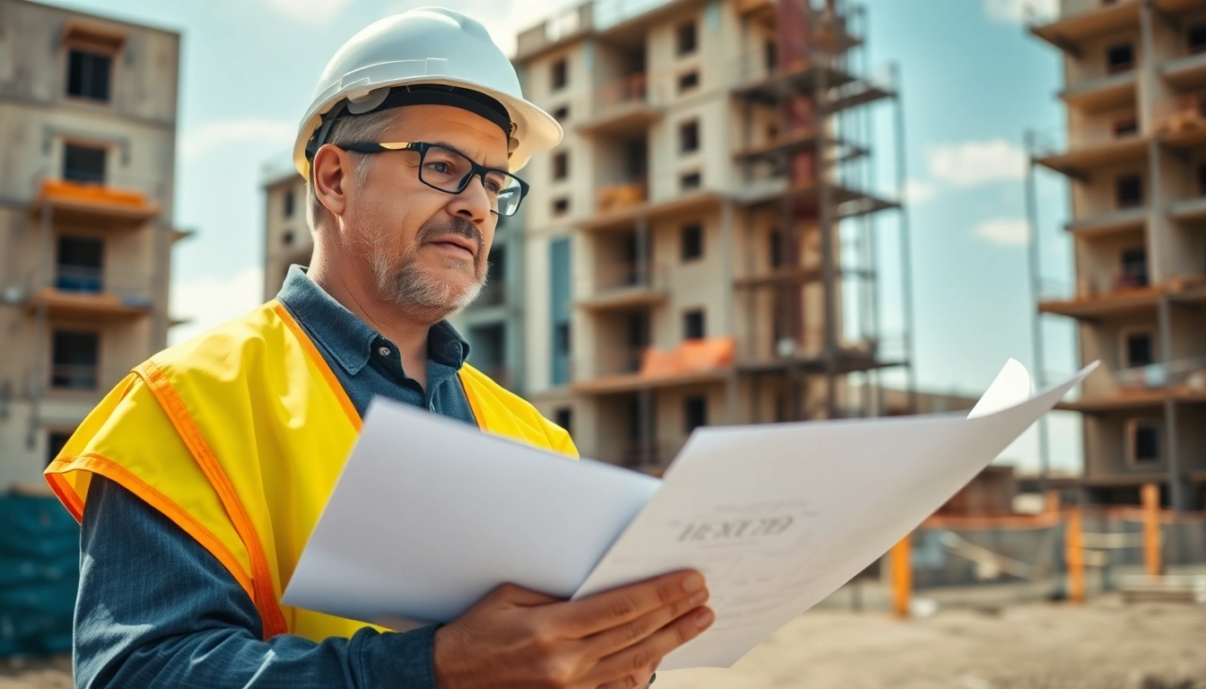 New Jersey Commercial General Contractor analyzing construction plans on-site with active project in background.