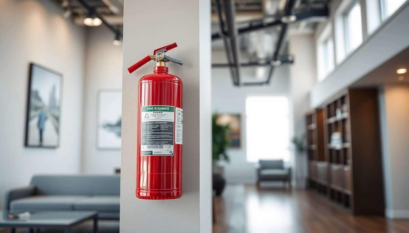 Ensure safety with a prominent electrical fire extinguisher mounted in a modern office.